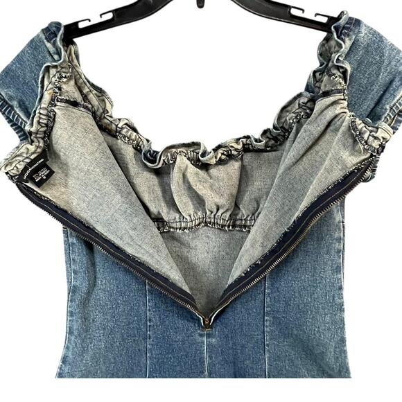 Moda International Y2K Denim Dress 6 Blue Ruffle Neck Milkmaid Stretch Retro - Picture 6 of 15